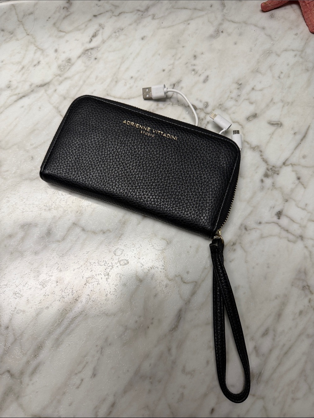 Adrienne Vittadini Black Pebbled Zip Wristlet Wallet with phone Charger!